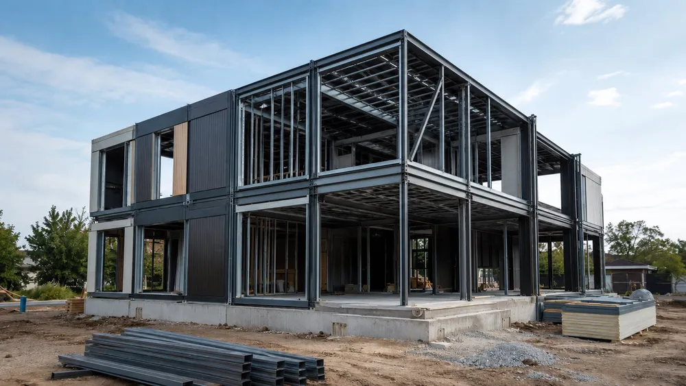 İki katlı modüler çelik evin şantiyedeki karkası: beton perde temel üzerine oturan çelik dikmeler ve kat kirişleri, kısmen takılmış cephe panelleri; sahada bekleyen profil ve panel desteleri.